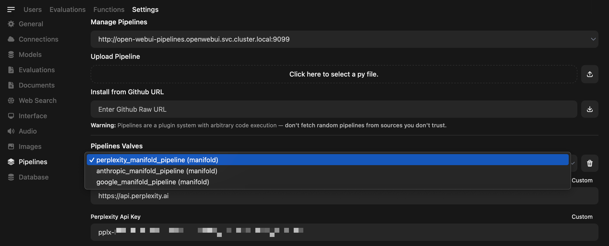 admin panel configuration for pipelines