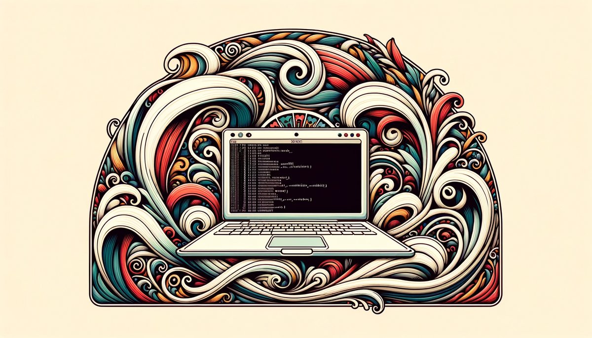 an artistic depiction of a laptop showing a full screen terminal window