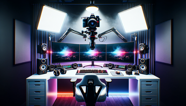 professional streaming setup with studio speakers, slr camera, recording microphone