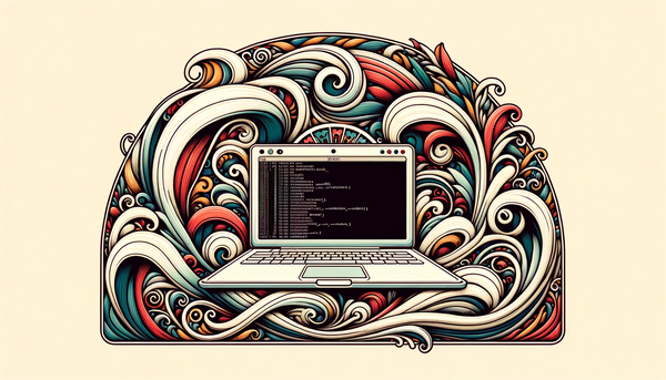 an artistic depiction of a laptop showing a full screen terminal window
