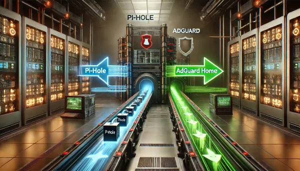 image of an assembly line, where pi-hole is going in and ad guard is coming out, so simulate conversion